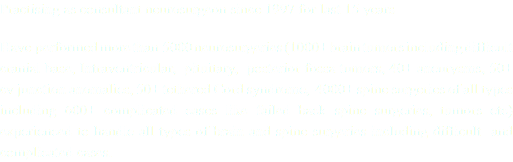 Practising as consultant neurosurgeon since 1997 for last 15 years Have performed more than 5000 neurosurgeries (1000+ brain tumors including difficult cranial base, Intraventricular, pituitary, posterior fossa tumors, 40+ aneurysms, 50+ cv junction anomalies, 50+ tethered Cord syndrome, 4000+ spine surgeries of all types including 600+ complicated cases like failed back spine surgeries, tumors etc) experienced to handle all types of brain and spine surgeries including difficult and complicated cases.